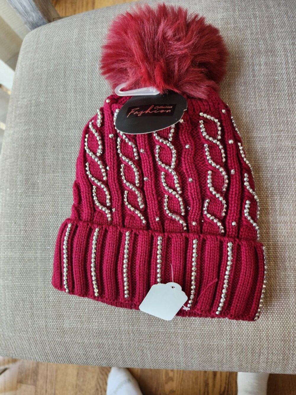 Hat Knit Cable Bling Rhnestones Chunky Beanie - Red